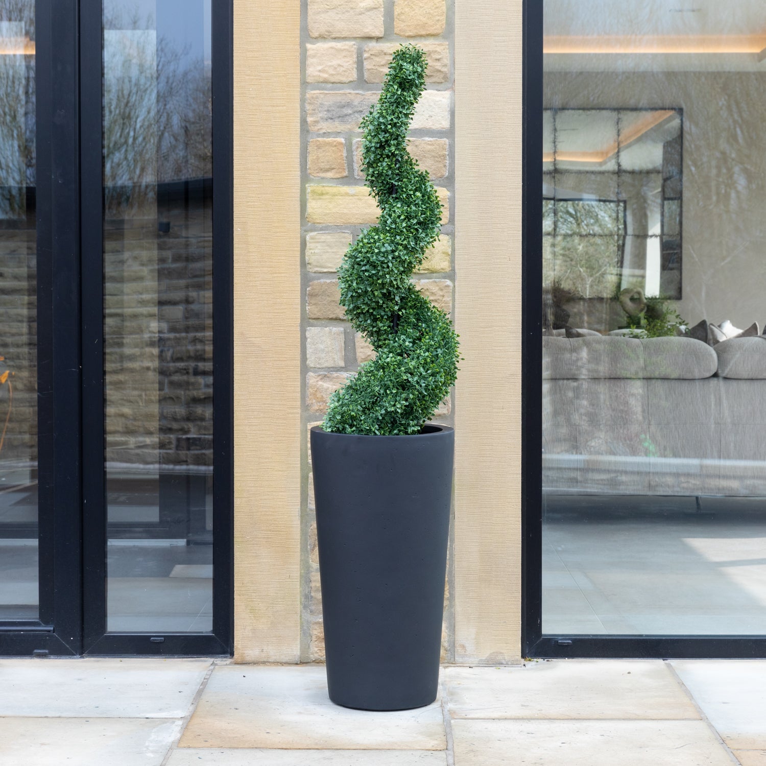 buxus planter Artificial Buxus Spiral Topiary in Tall Black Planter