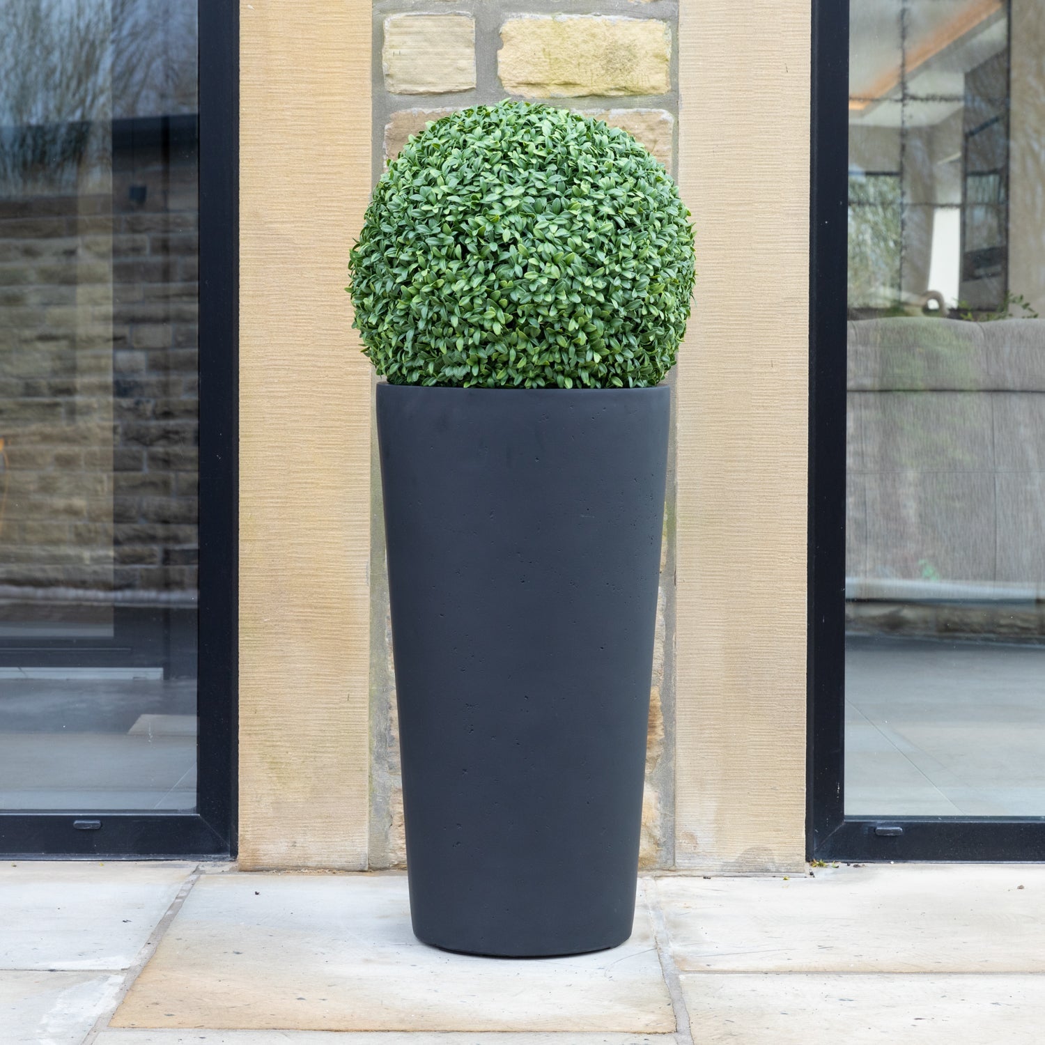 Artificial Buxus Ball Topiary in Black Tall Planter