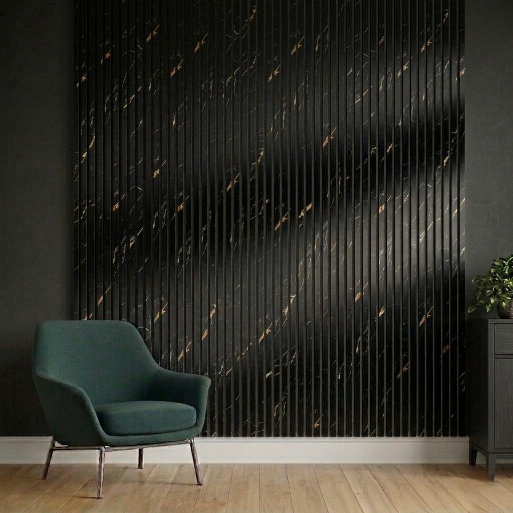 Acoustic Slatted Wall Panel 240 x 60cm - Black Marble x 1 Panel