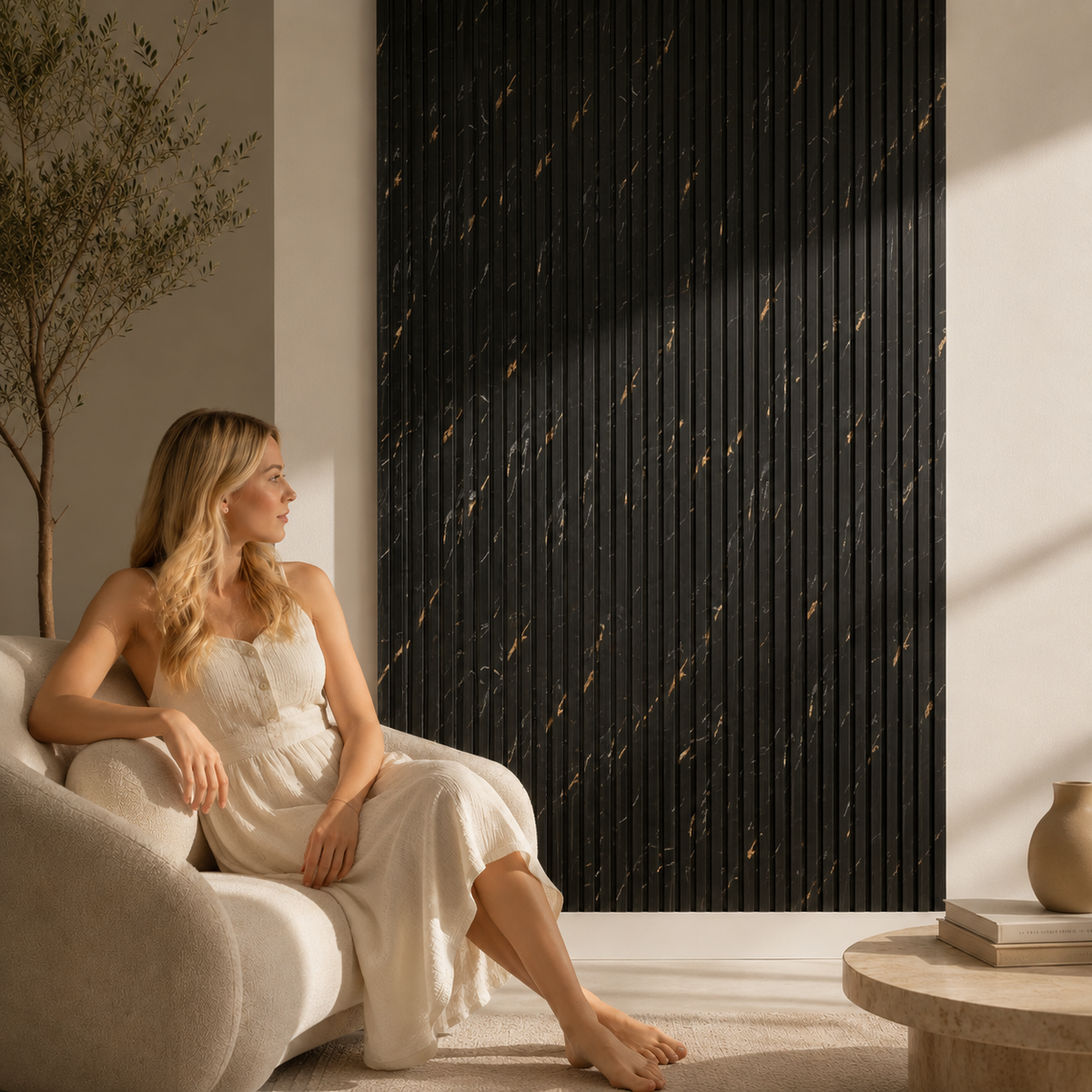 Acoustic Slatted Wall Panel 2400mm x 600mm - Black Marble x 1 Panel