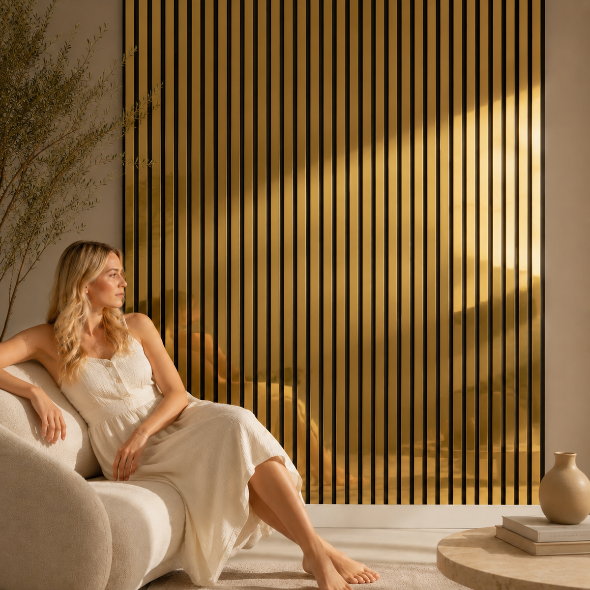 Acoustic Slatted Wall Panel 2400mm x 600mm - Mirror Gold x 1 panel