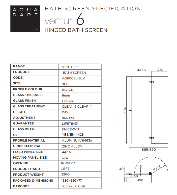 Aquadart Venturi 6mm Square Bathscreen - 1500x900mm - Matt Black