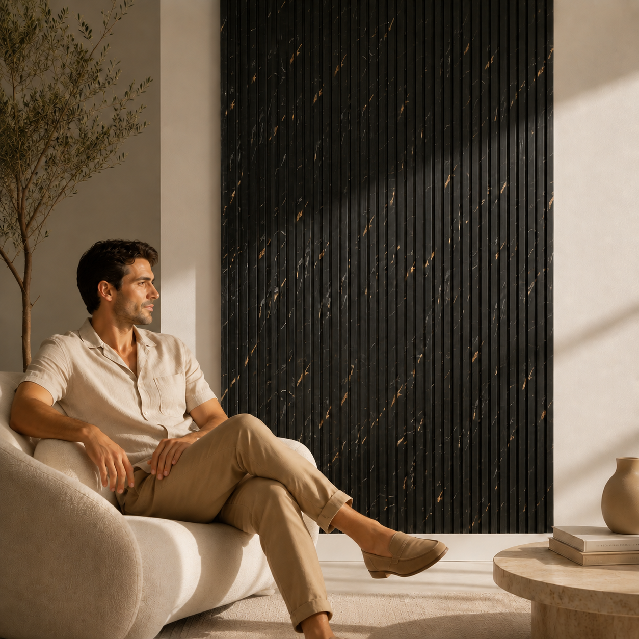 Acoustic Slatted Wall Panel 2400mm x 600mm - Black Marble x 1 Panel