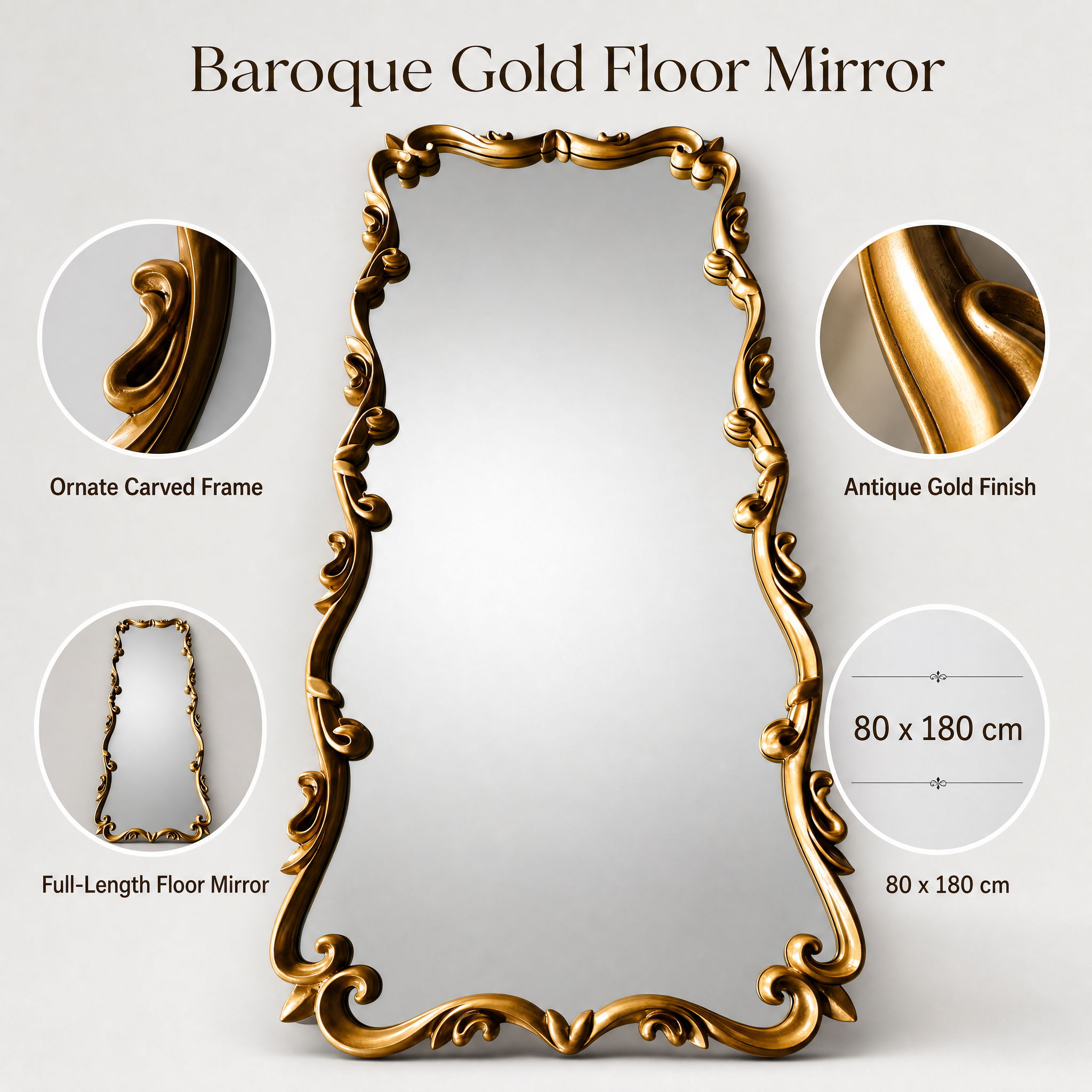 Gold French Style Decorative Full-Length Hand-Carved Solid Wood Mirror | 80cm x 180cm