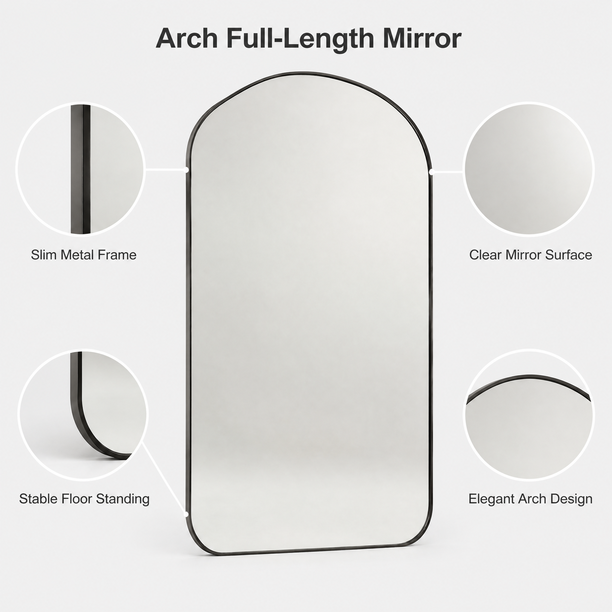 Black Wrought Iron Drop Arch Full-Length Standing Mirror | 100cm x 200cm