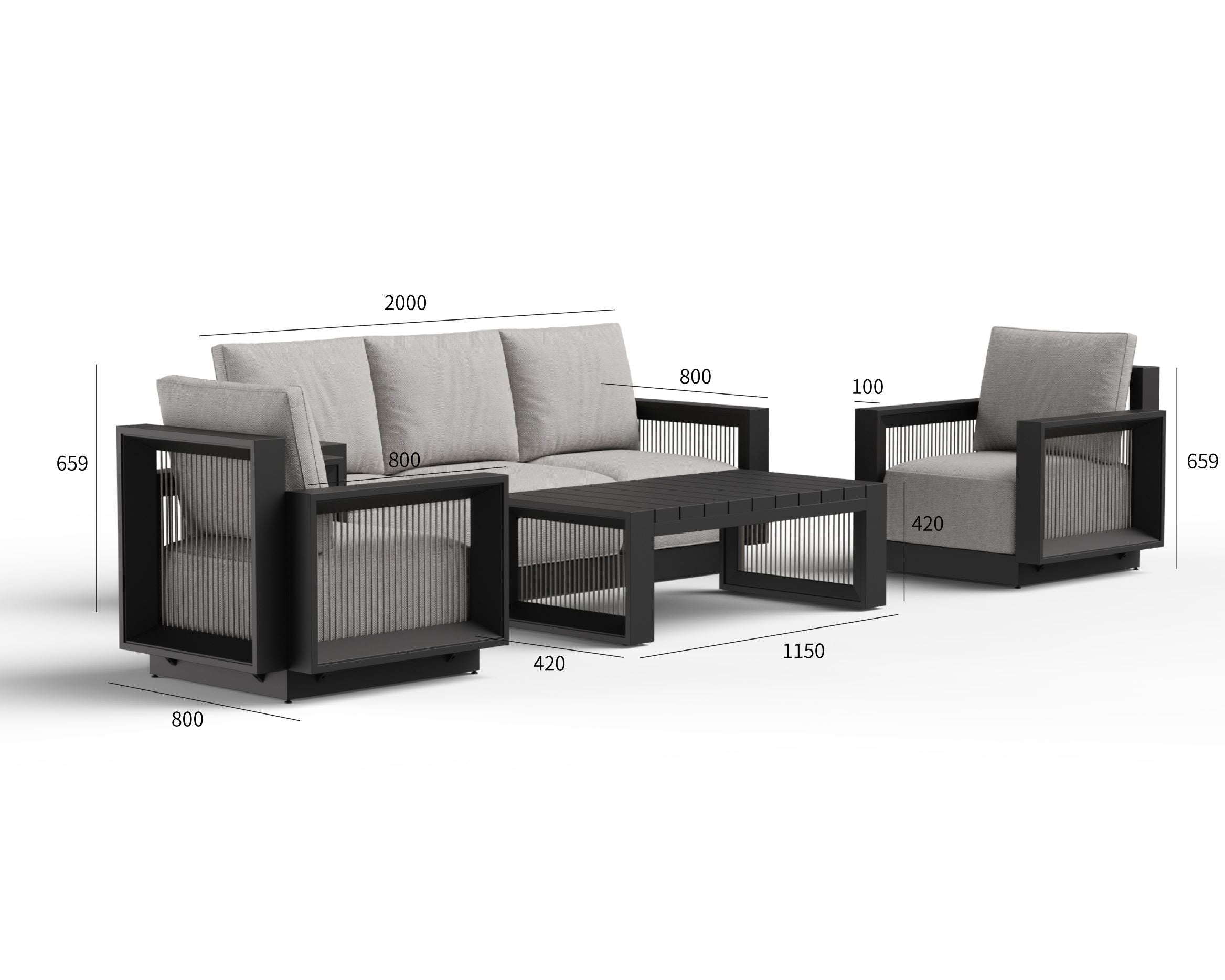The Didsbury Premium 5-Seater Aluminium Lounge Set with Coffee Table – Onyx Black & Light Grey