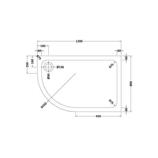 Hydro45 Stone Resin 1200mm x 800mm Left Hand Offset Quadrant Shower Tray White