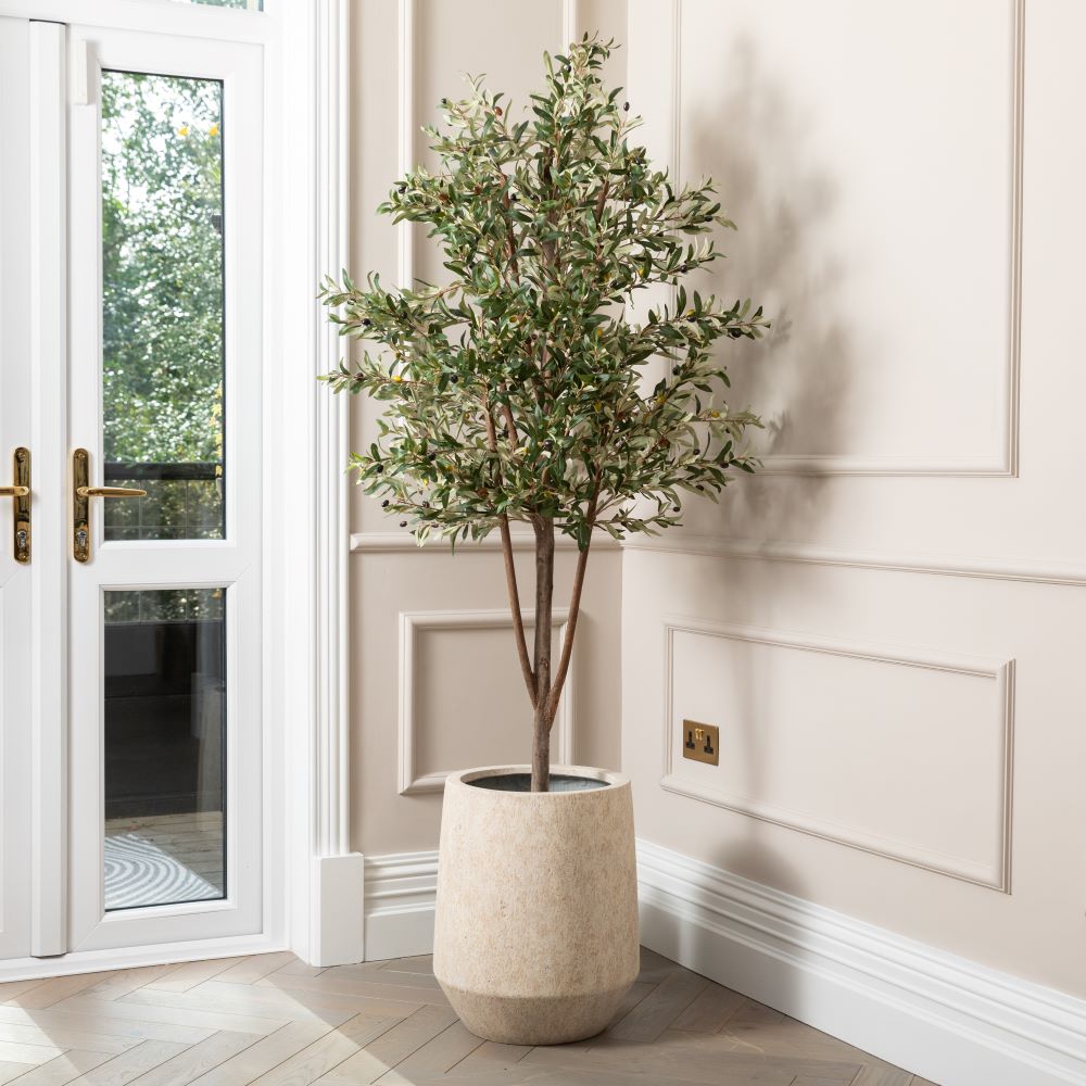 indoor olive tree planter Artificial Olive Tree UV/IFV in Harrith Beige Planter