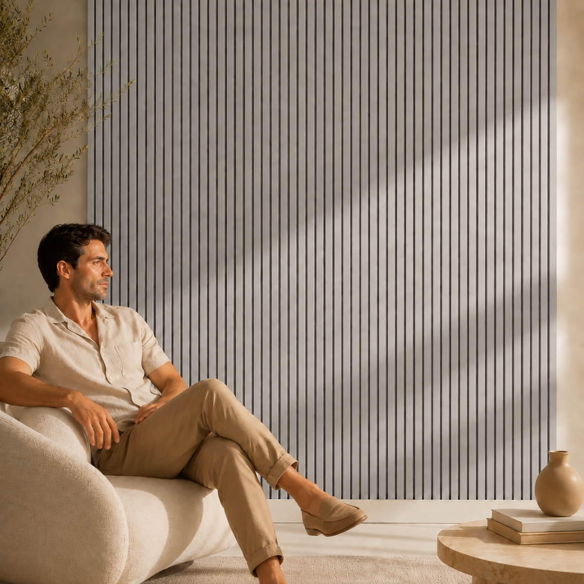 Acoustic Slatted Wall Panel 2400mm x 600mm - Light metallic grey x 1 panel
