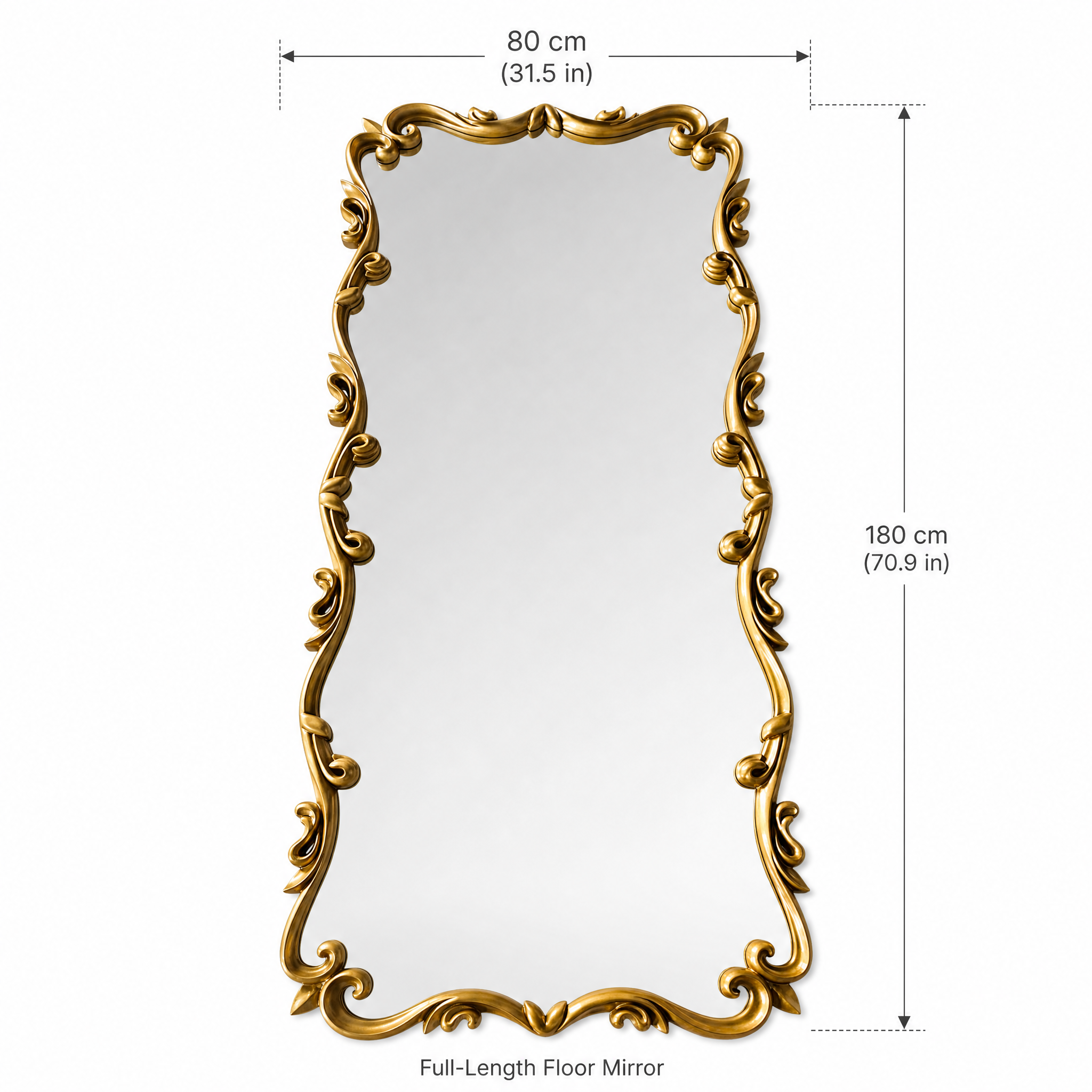 Gold French Style Decorative Full-Length Hand-Carved Solid Wood Mirror | 80cm x 180cm