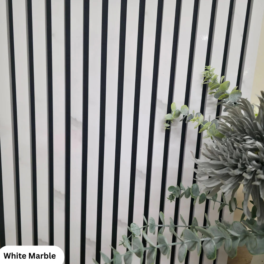 Acoustic Slatted Wall Panel 240 x 60cm - White Marble & Black Marble x (1 panel)