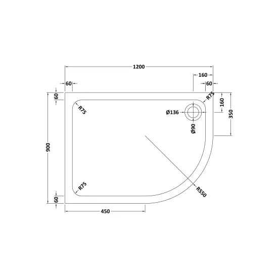 Hydro45 Stone Resin 1200mm x 900mm Right Hand Quadrant Shower Tray White