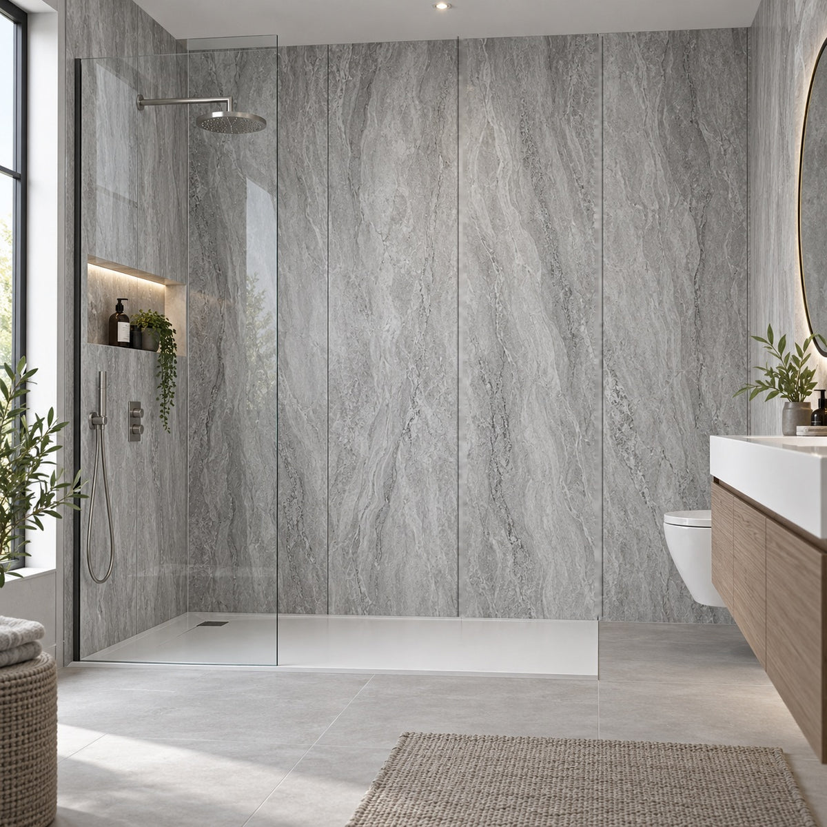AWS 07E Mixed Grey Marble 7mm waterproof PVC bathroom wall panels in a modern shower room, 240 x 60cm panels