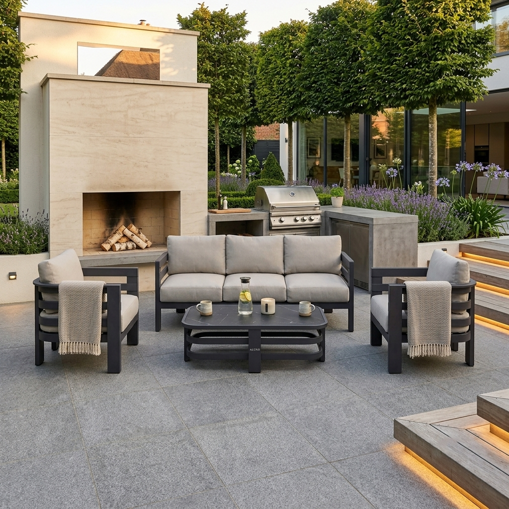 The Knutsford Premium 5-Seater Aluminium Lounge Set with Sintered Stone Coffee Table – Onyx Black