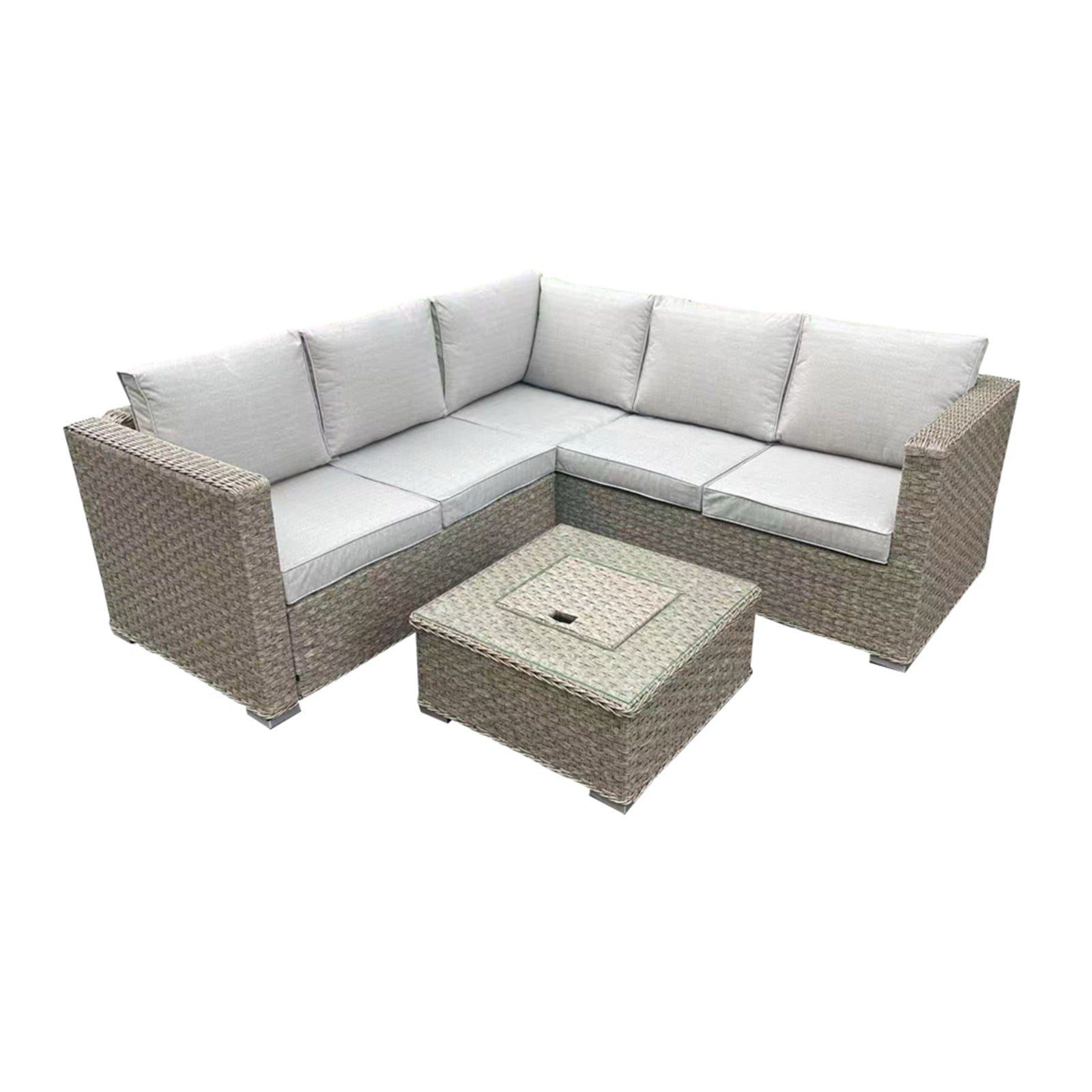 L-Shaped Rattan Garden Corner Sofa Set with Integrated Ice Bucket Coffee Table - Light Grey