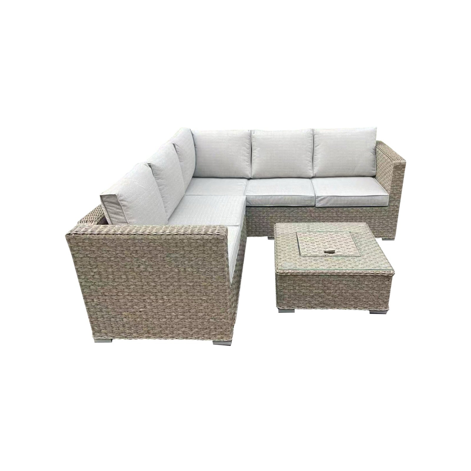 L-Shaped Rattan Garden Corner Sofa Set with Integrated Ice Bucket Coffee Table - Light Grey