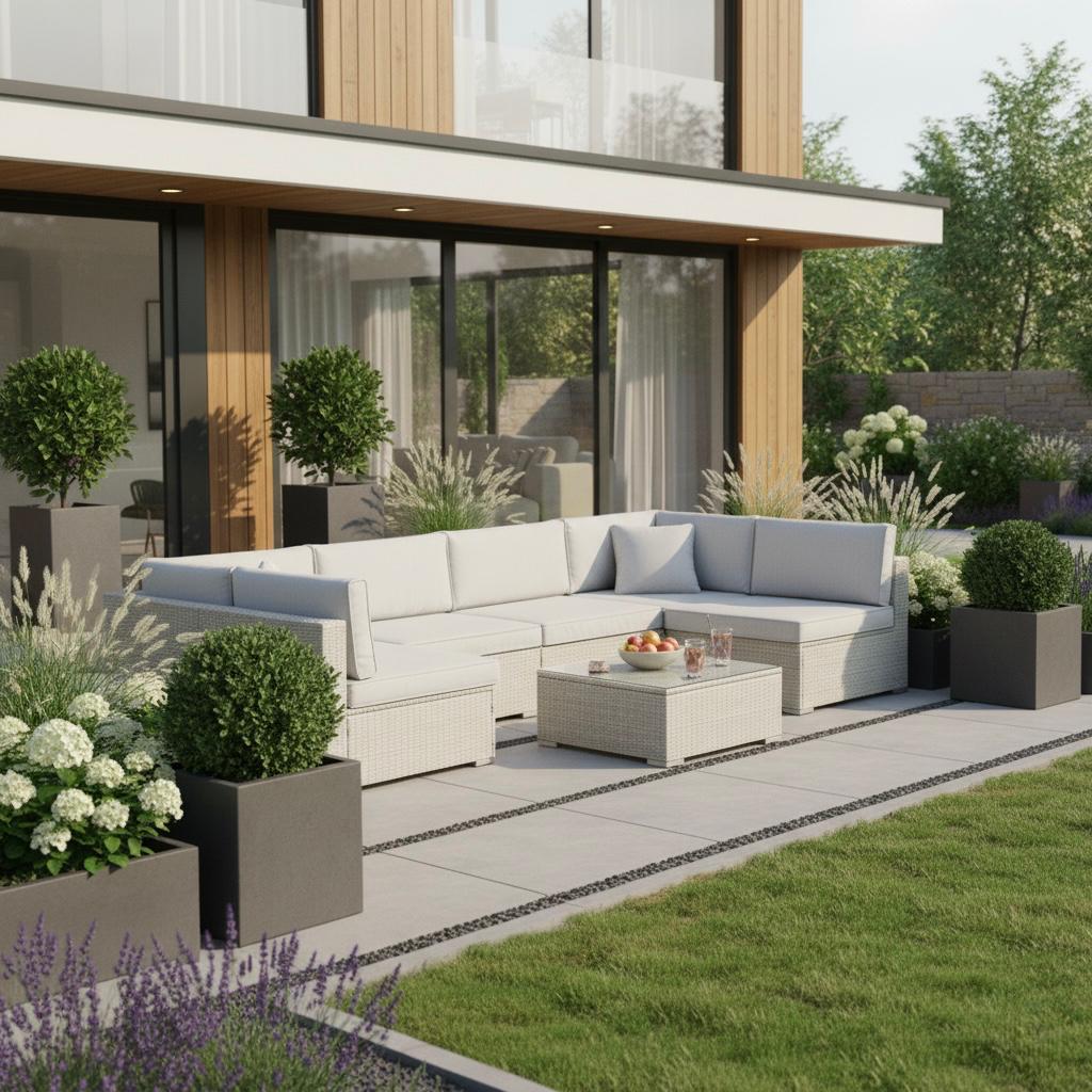 Luxury U-Shaped Rattan Garden Corner Sofa Set with Coffee Table - Grey