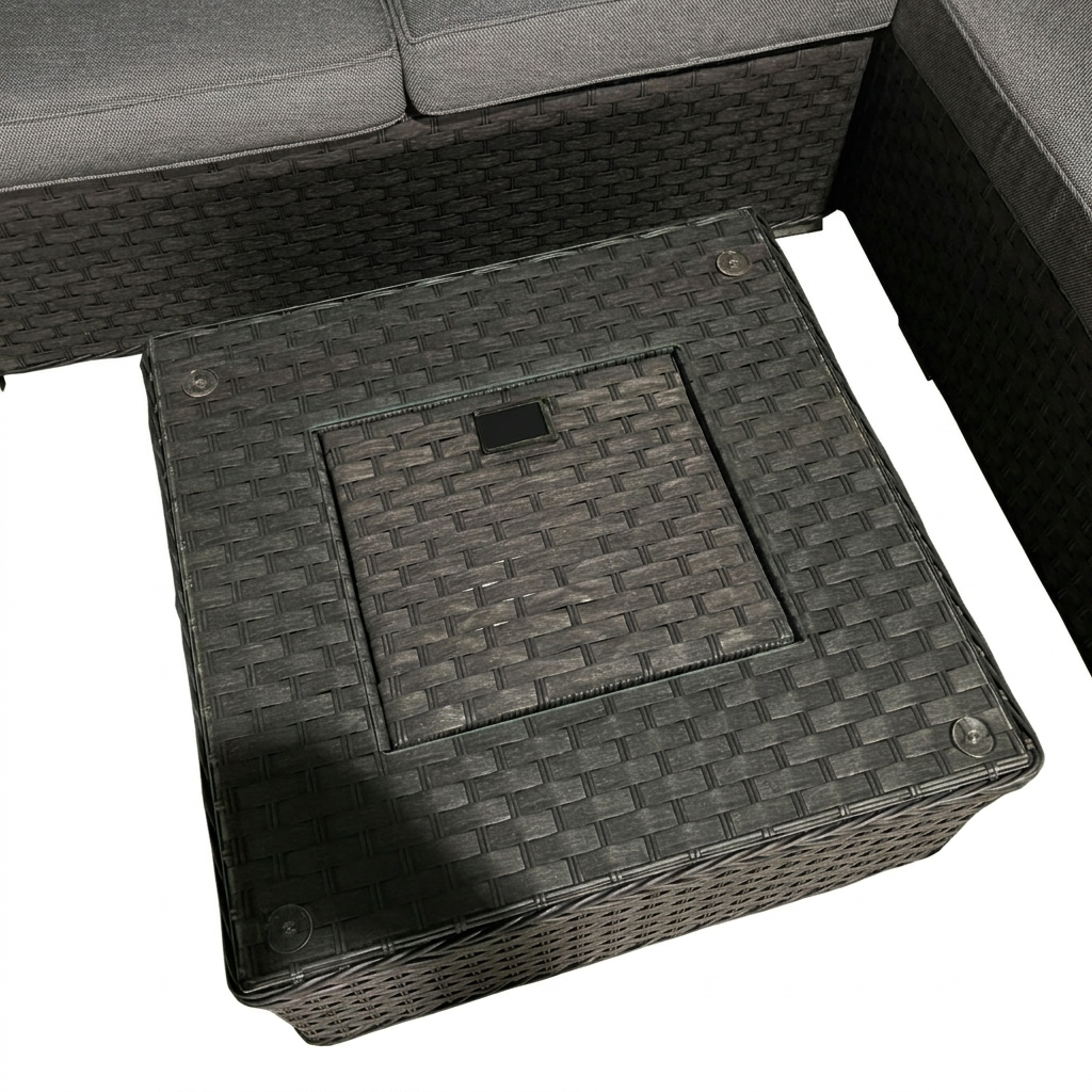 L-Shaped Rattan Garden Corner Sofa Set with Integrated Ice Bucket Coffee Table - Dark Grey