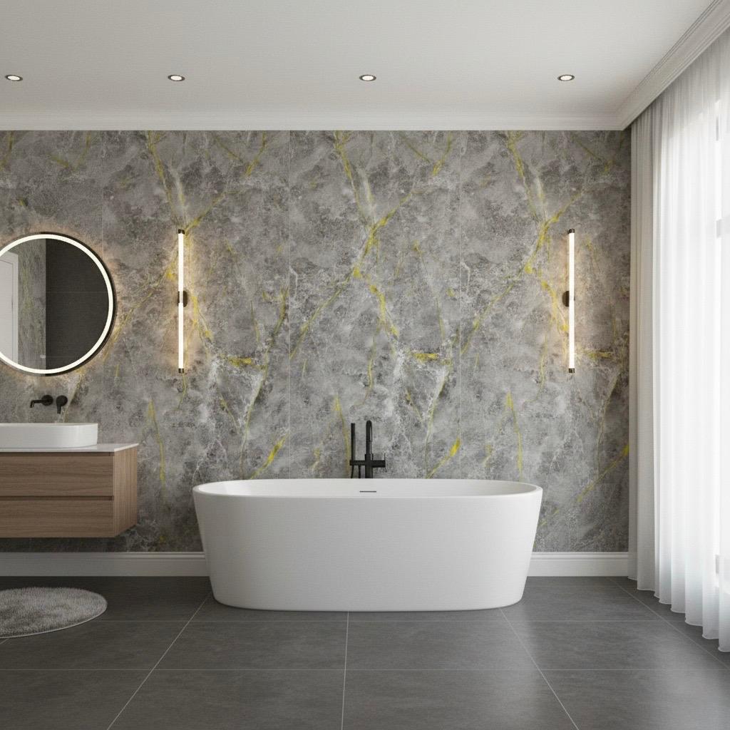 10mm Bathroom Shower Wall Panels | 240cm X 60cm | Grey & Gold Marble Effect | 100% Waterproof