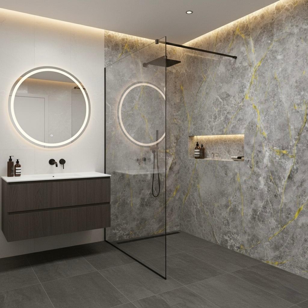 Bathroom & Shower Wall Panels | 240cm X 60cm | Grey & Gold Marble Effect | 100% Waterproof