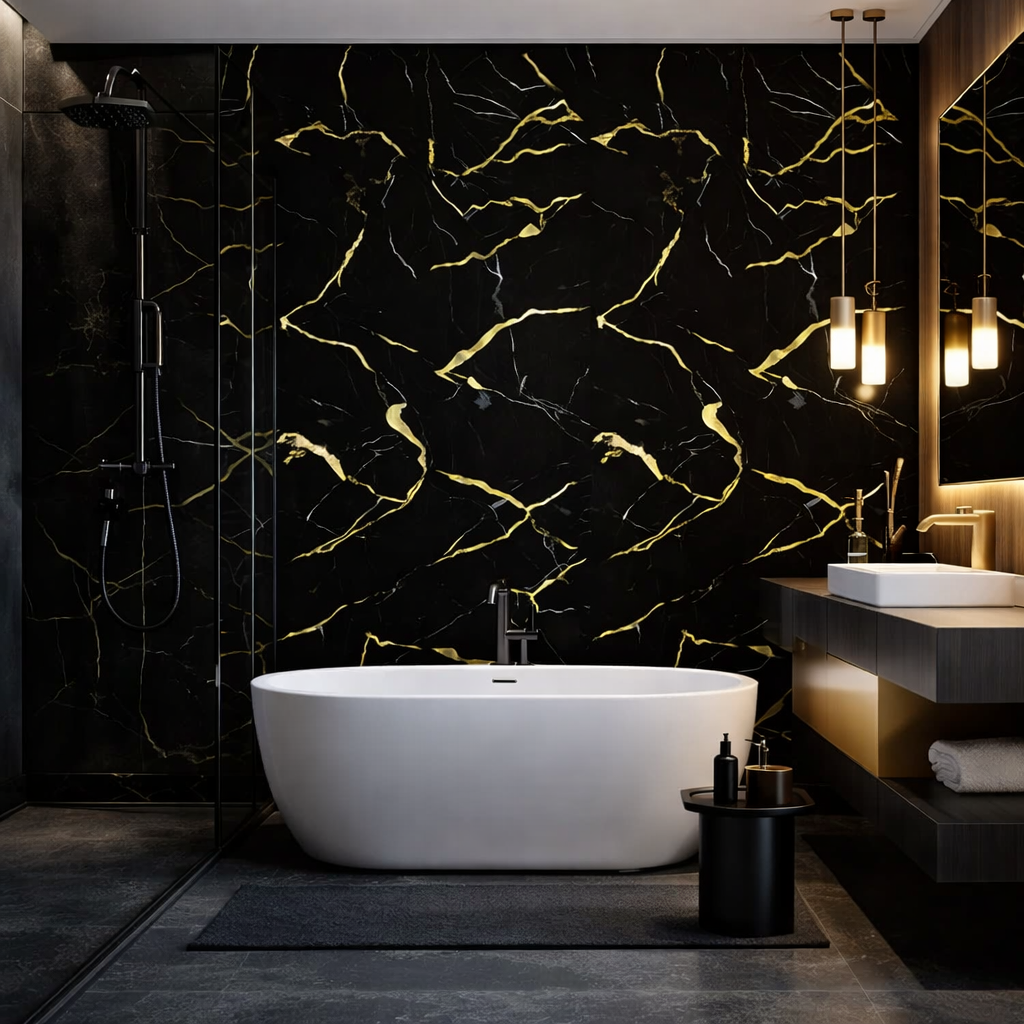 10mm Bathroom Shower Wall Panels | 240cm X 60cm | Black & Gold Marble Effect | 100% Waterproof