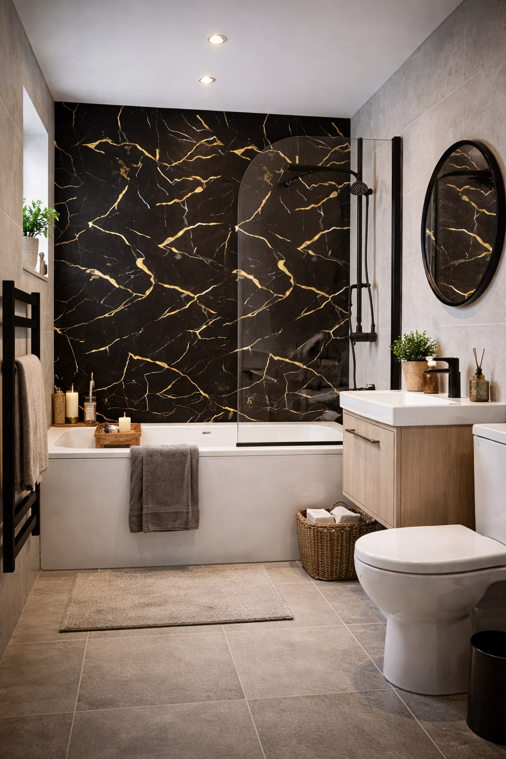 10mm Bathroom Shower Wall Panels | 240cm X 60cm | Black & Gold Marble Effect | 100% Waterproof