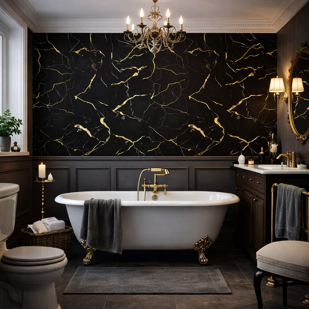 10mm Bathroom Shower Wall Panels | 240cm X 60cm | Black & Gold Marble Effect | 100% Waterproof