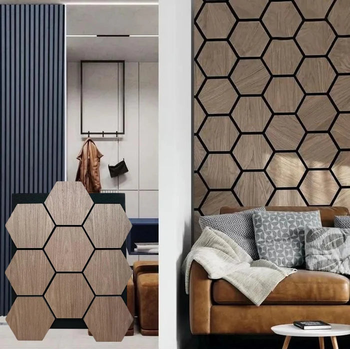 Pack Of x5 Wooden Acoustic Wall Hexagon Panels 700mm x 570mm Light Oak