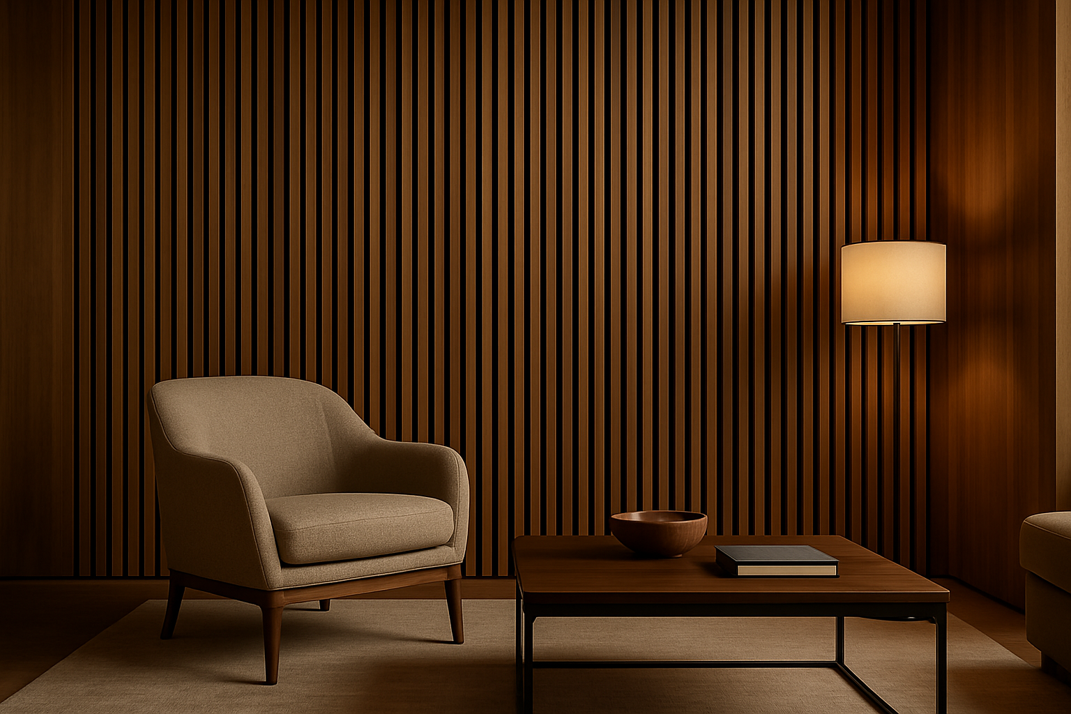 Luxury acoustic slatted wall panel setting