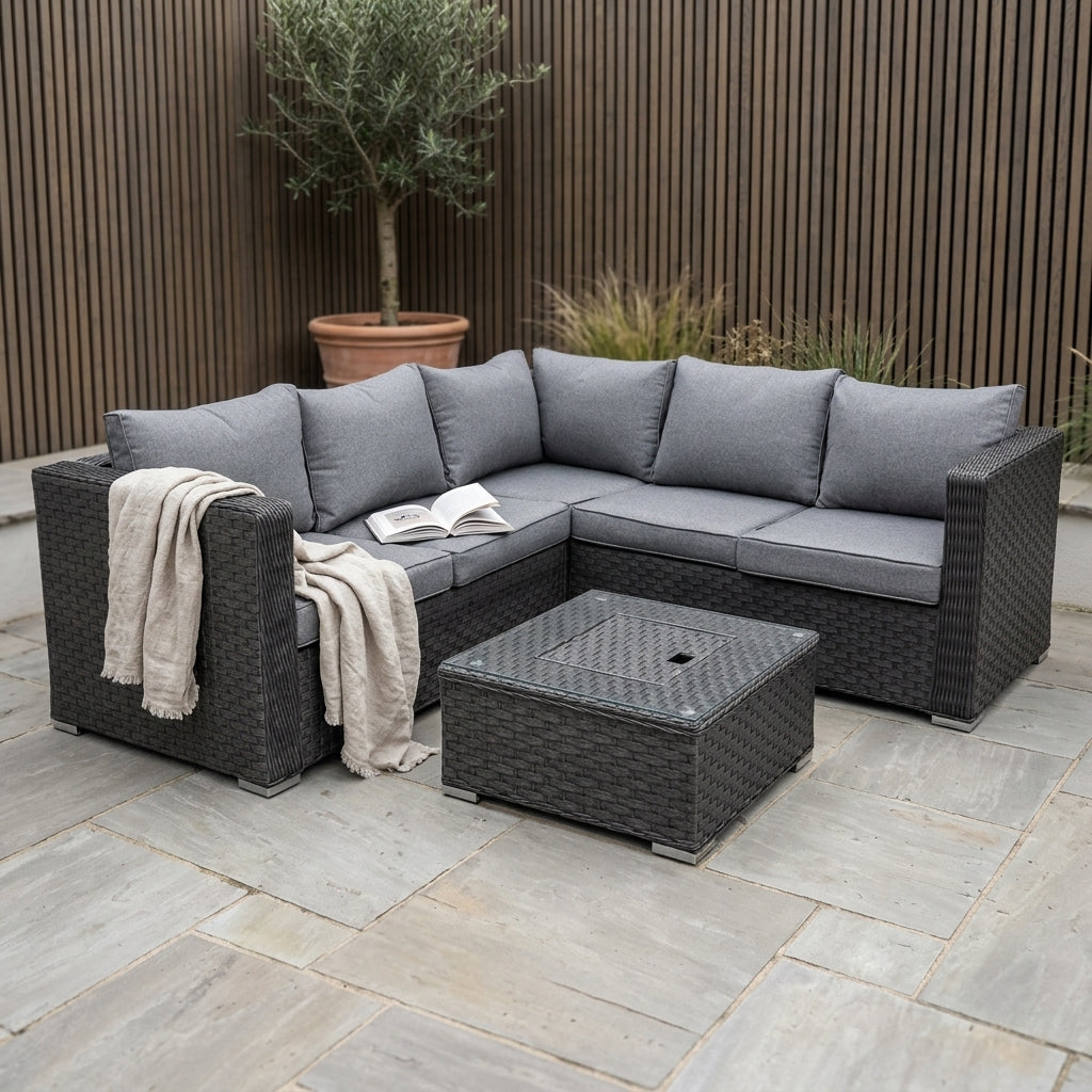 L-Shaped Rattan Garden Corner Sofa Set with Integrated Ice Bucket Coffee Table - Dark Grey