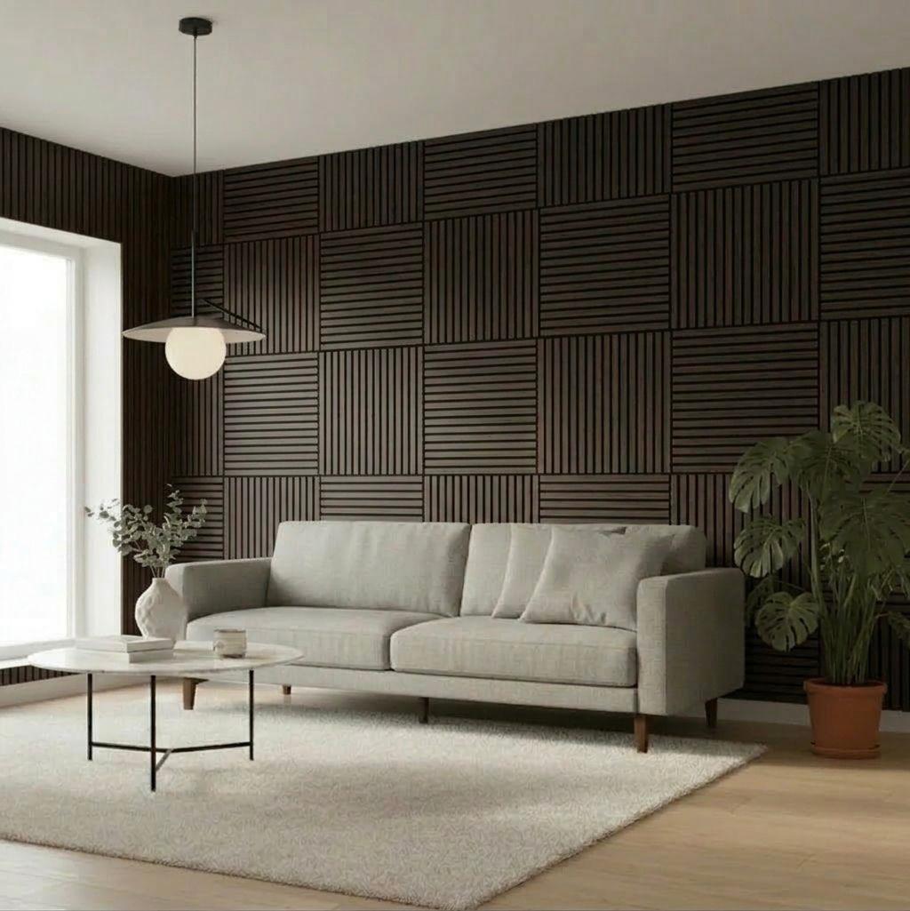 Acoustic Slatted Wall Panel - Smoked Oak - 600mm x 600mm