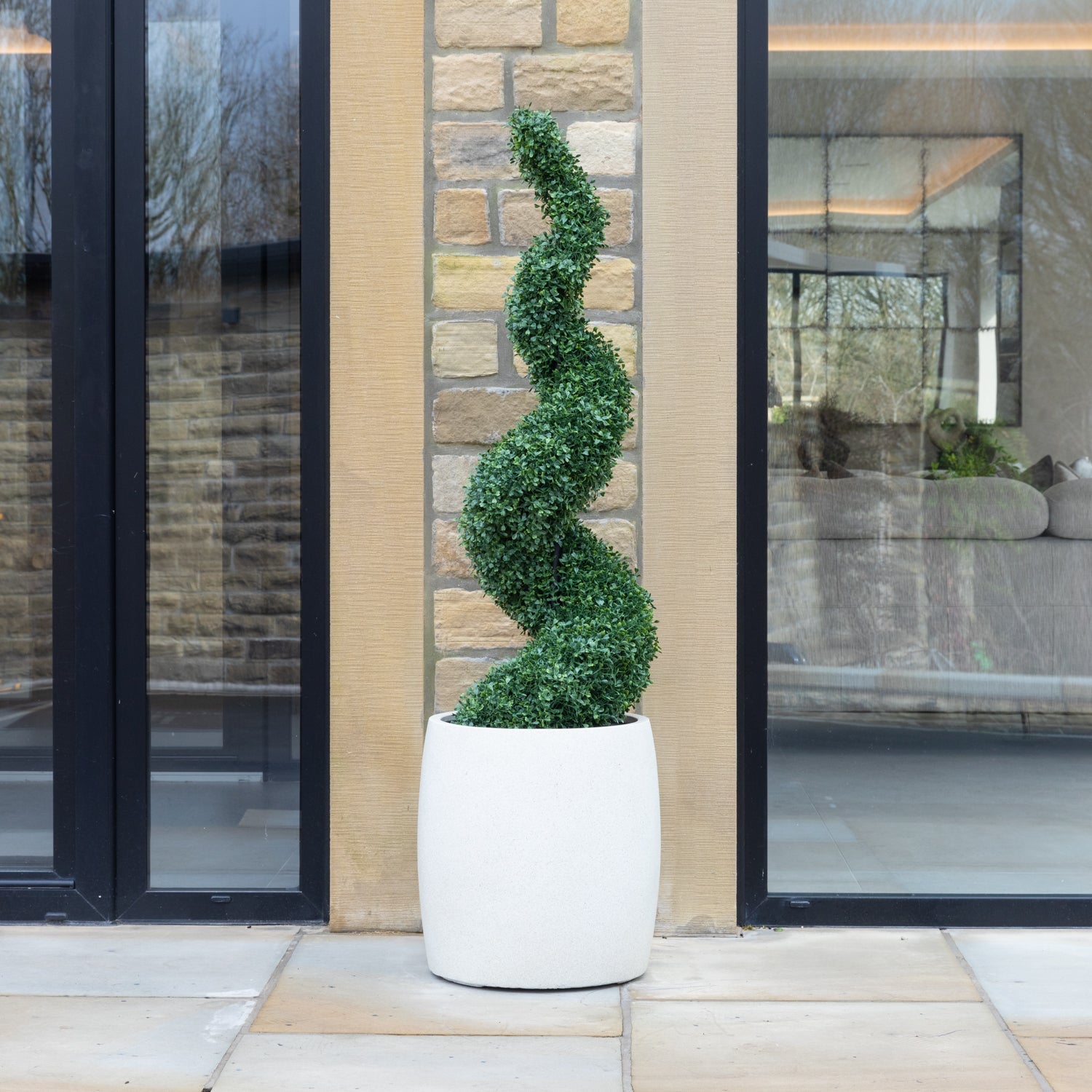 Artificial Buxus Spiral Topiary in  White Planter