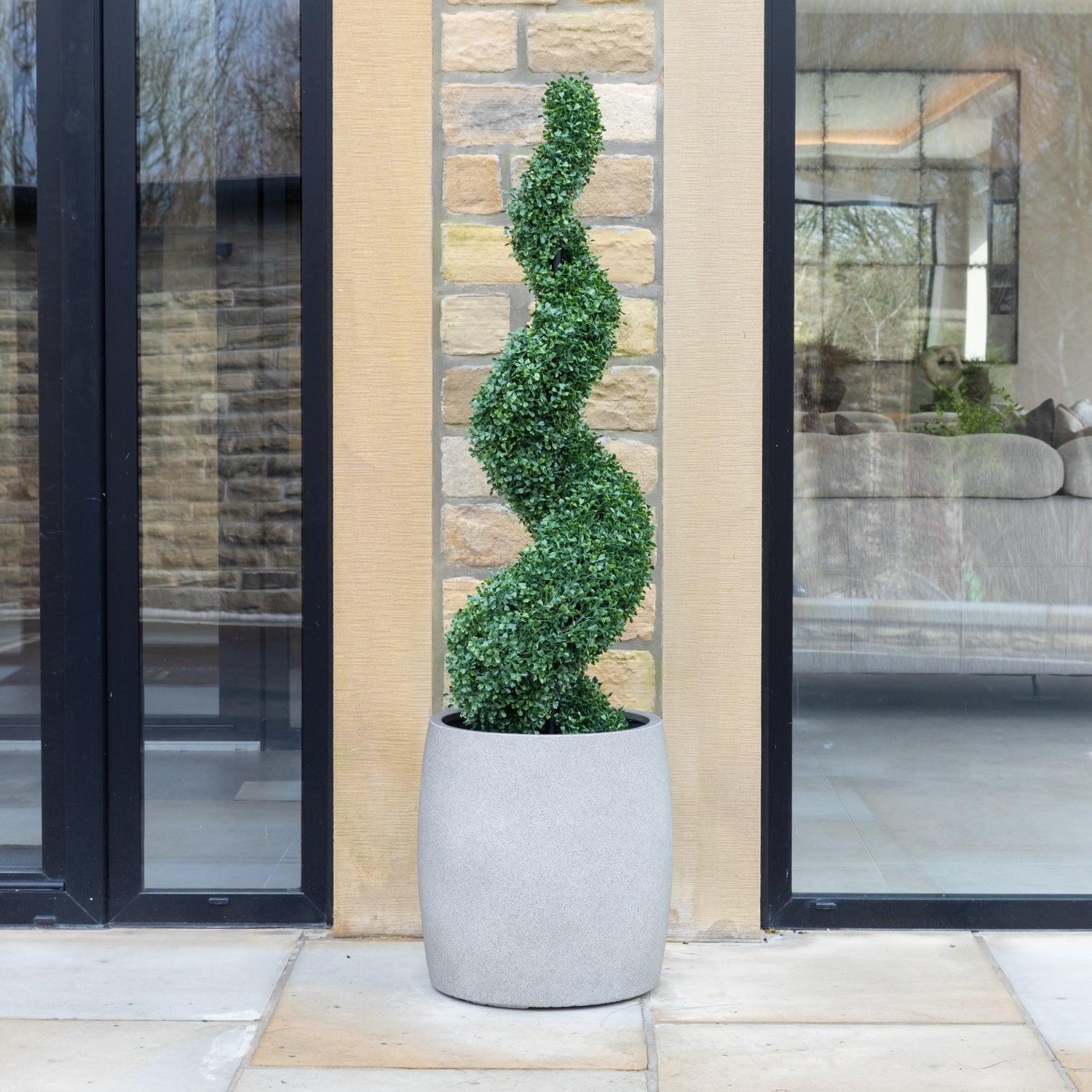 Artificial Buxus Spiral Topiary in Grey Planter