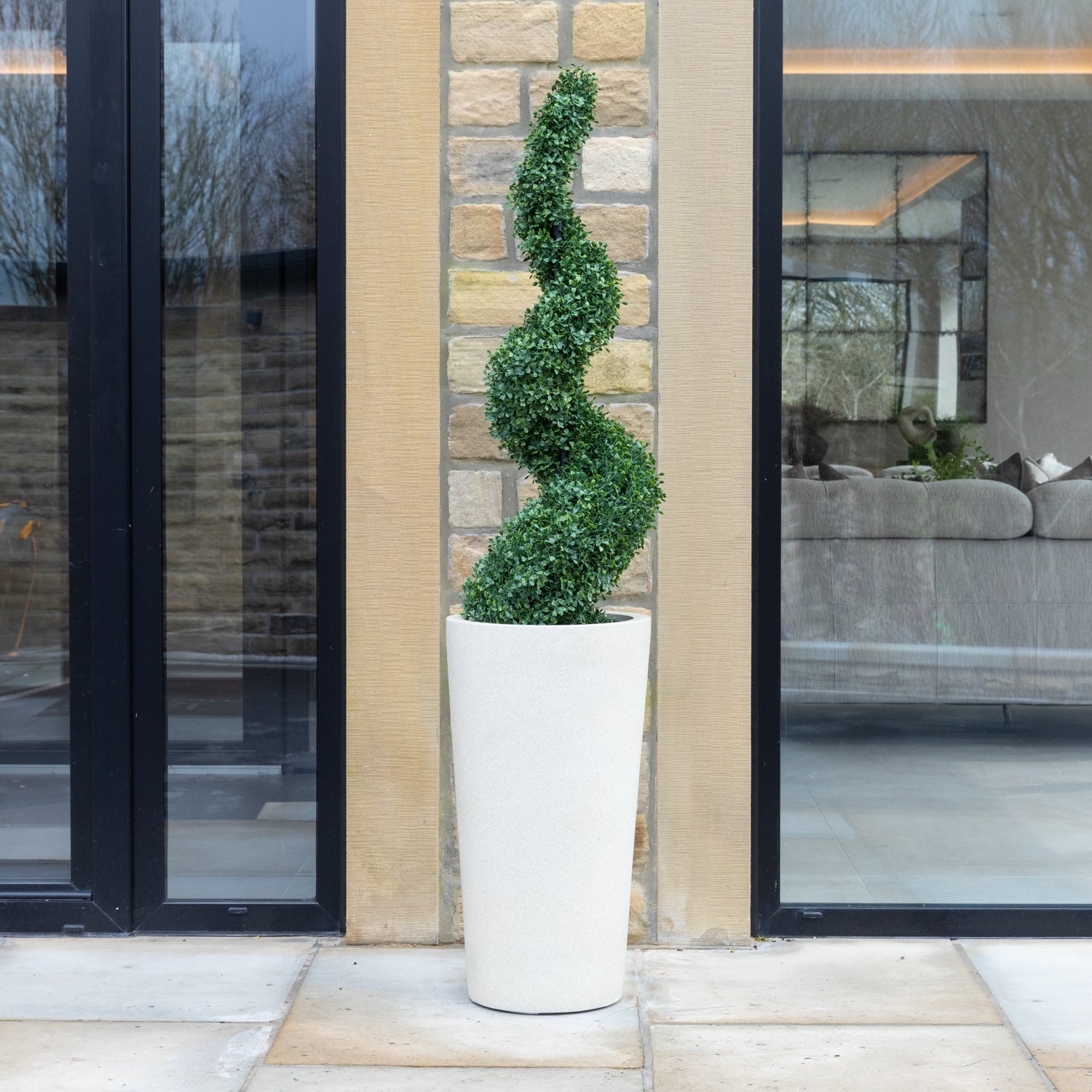 Artificial Buxus Spiral Topiary in Tall White Planter