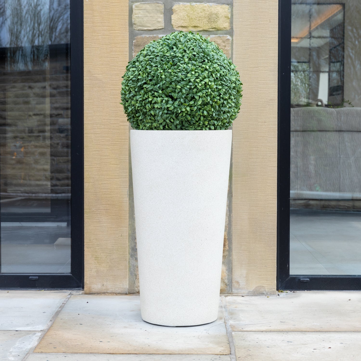 Artificial Buxus Ball Topiary in White Tall Planter