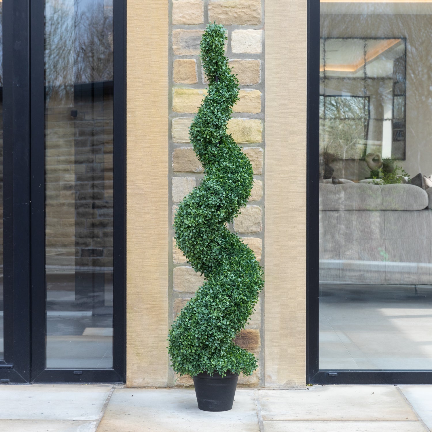 Artificial Buxus Spiral Topiary in Tall White Planter