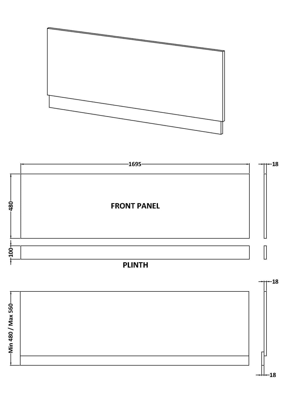 Halite 1700mm Gloss White Waterproof Front Bath Panel - Technical dimensions