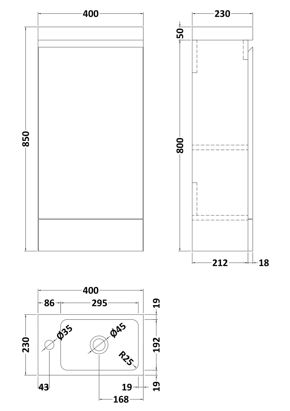 Halite 400mm Gloss White 1 Door Floor Standing Vanity Unit With 1 Tap Hole Basin - Technical dimensions