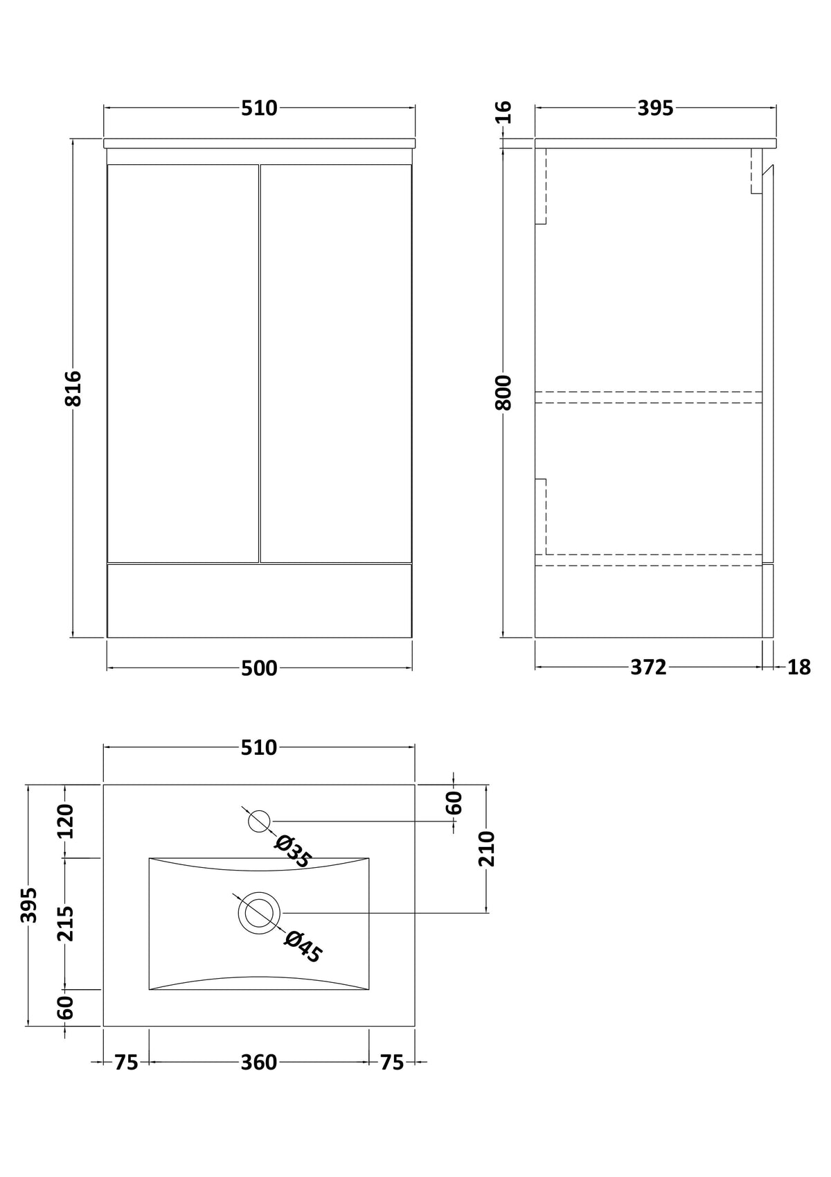 Halite 500mm Gloss White 2 Door Floor Standing Vanity Unit With 1 Tap Hole Basin - Technical dimensions