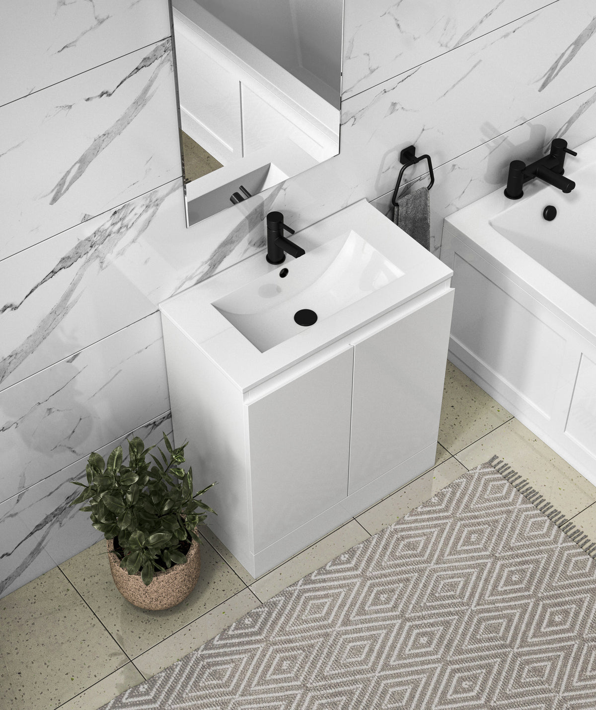 Halite 500mm Gloss White 2 Door Floor Standing Vanity Unit With 1 Tap Hole Basin - Lifestyle image