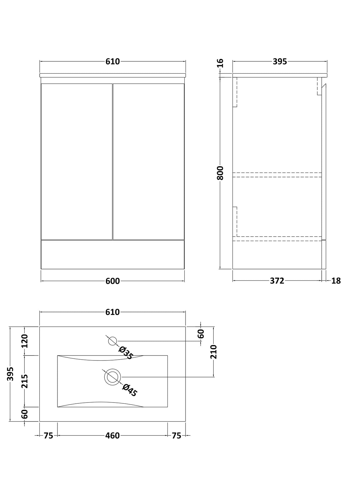Halite 600mm Gloss White 2 Door Floor Standing Vanity Unit With 1 Tap Hole Basin - Technical dimensions