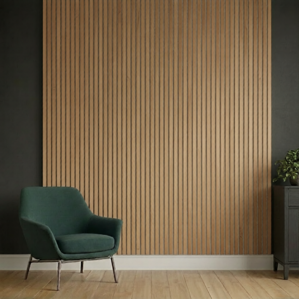 Acoustic Slatted Wall Panel 240 x 60cm - Classic Oak (Grey Backing) x 1 panel