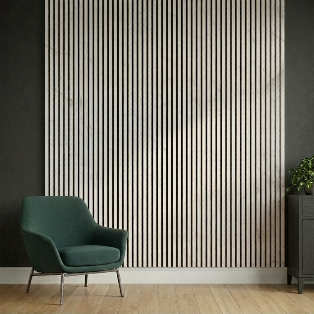 Acoustic Slatted Wall Panel 240 x 60cm - White Marble x 1 Panel