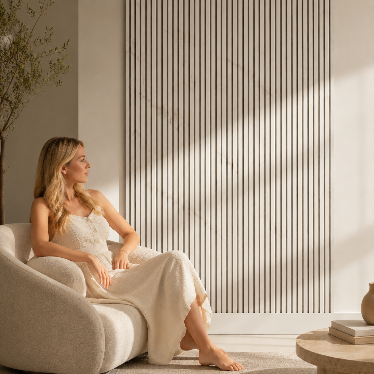 Acoustic Slatted Wall Panel 2400mm x 600mm - White Marble x 1 Panel