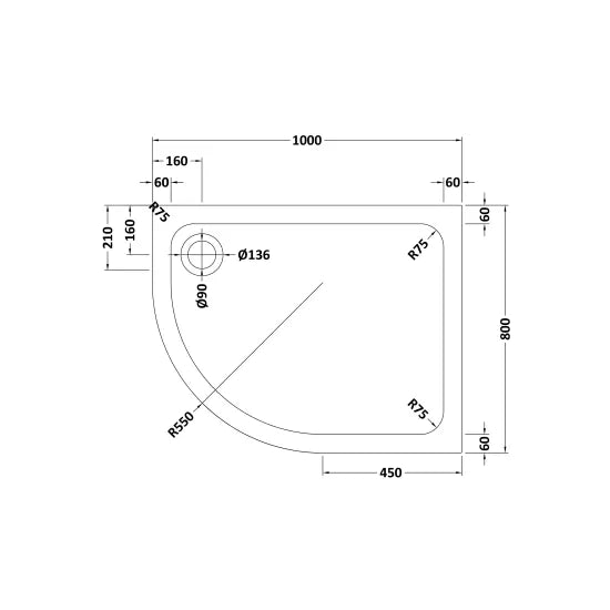 Hydro45 Stone Resin 1000mm x 800mm Left Hand Offset Quadrant Shower Tray White