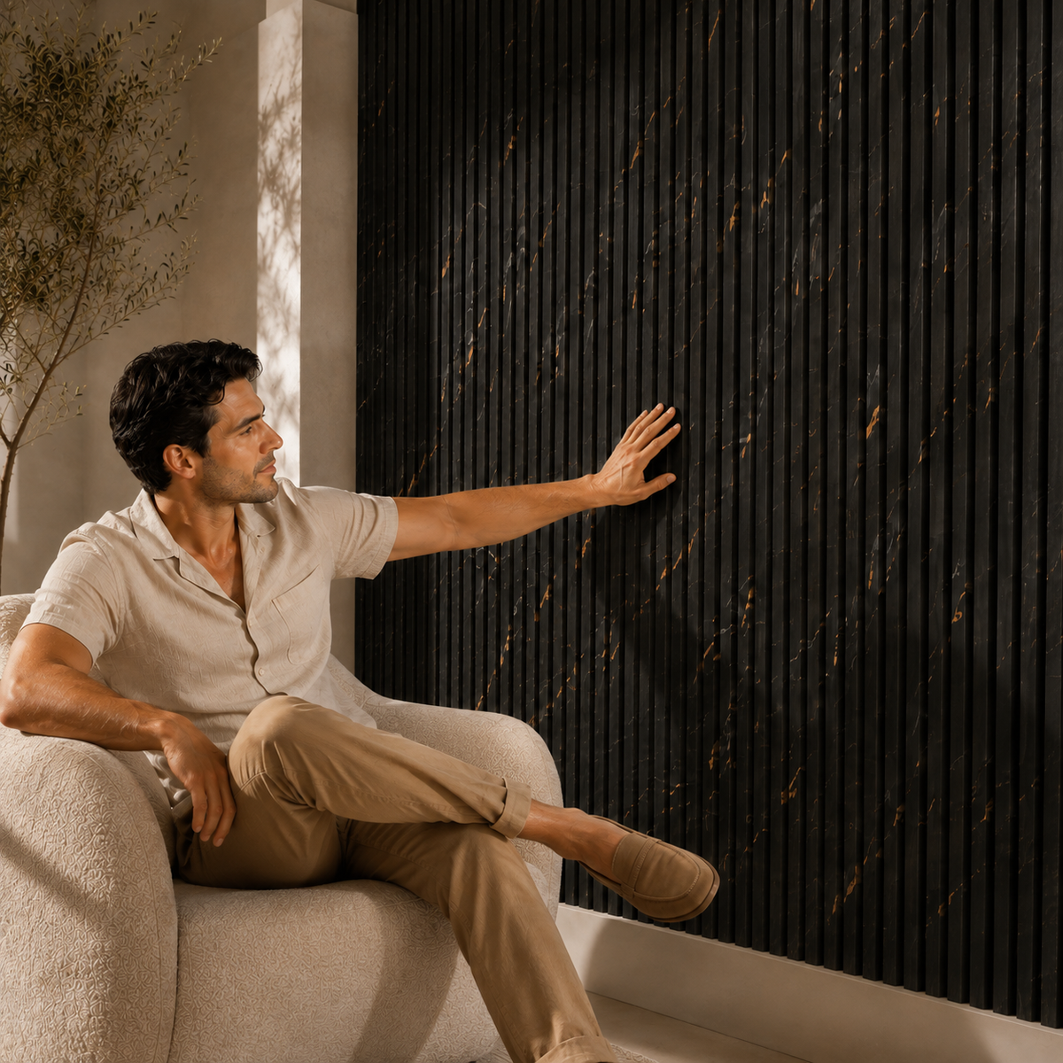 Acoustic Slatted Wall Panel 2400mm x 600mm - Black Marble x 1 Panel