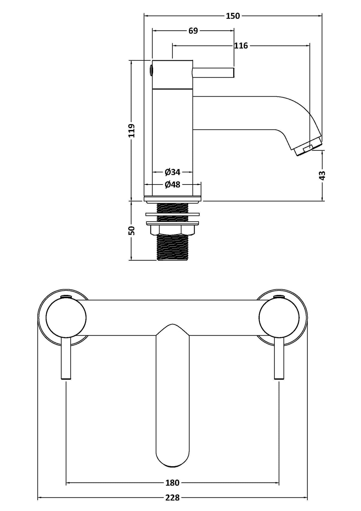 nuie choice Cartegena Matt Black Bath Filler - Technical dimensions