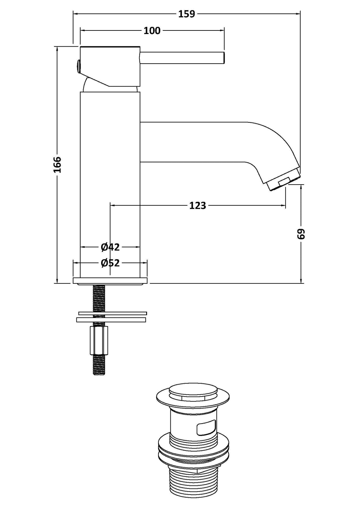 nuie choice Cartegena Matt Black Mono Basin Mixer With Push Button Waste - Technical dimensions