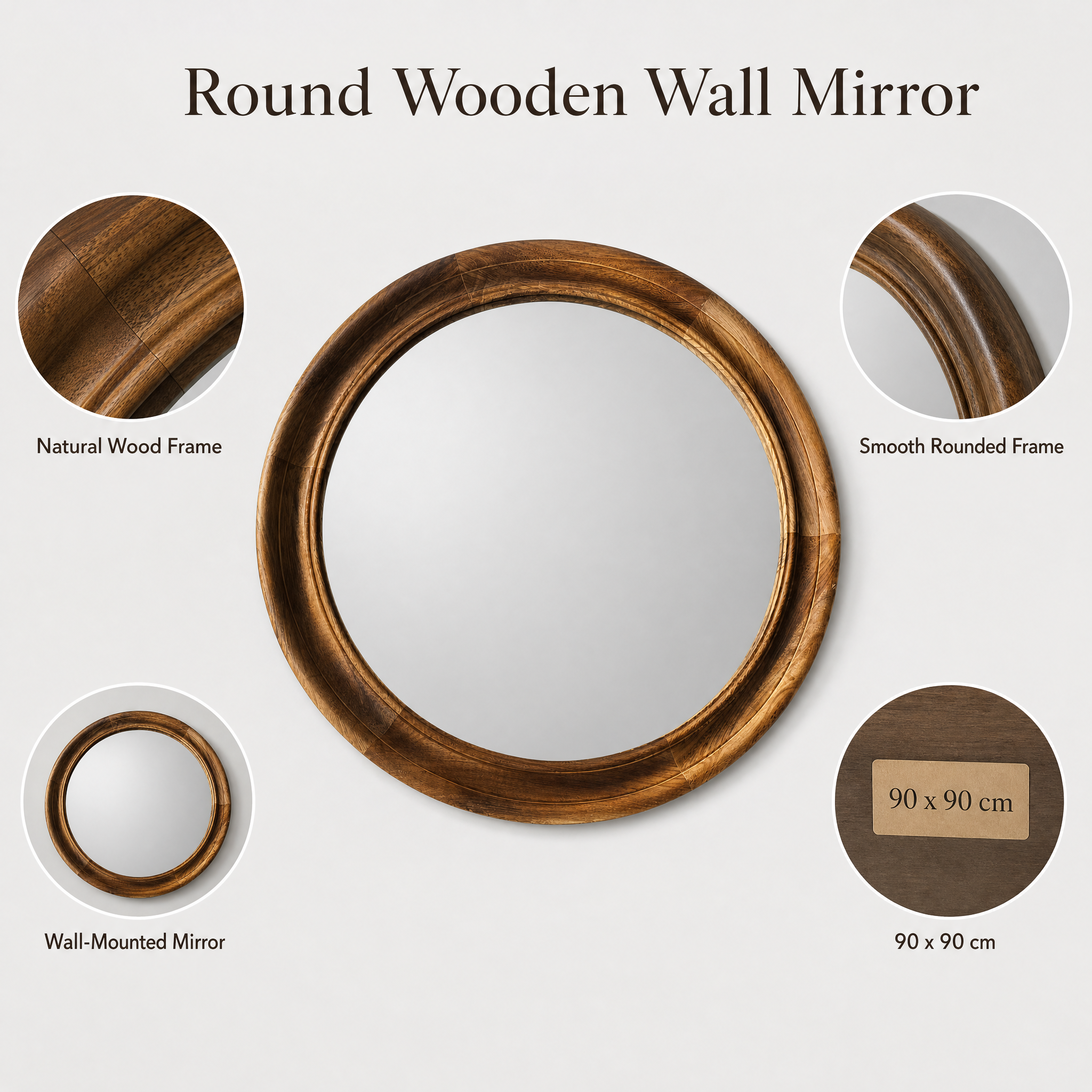 Round Wooden Frame Mirror | 90cm