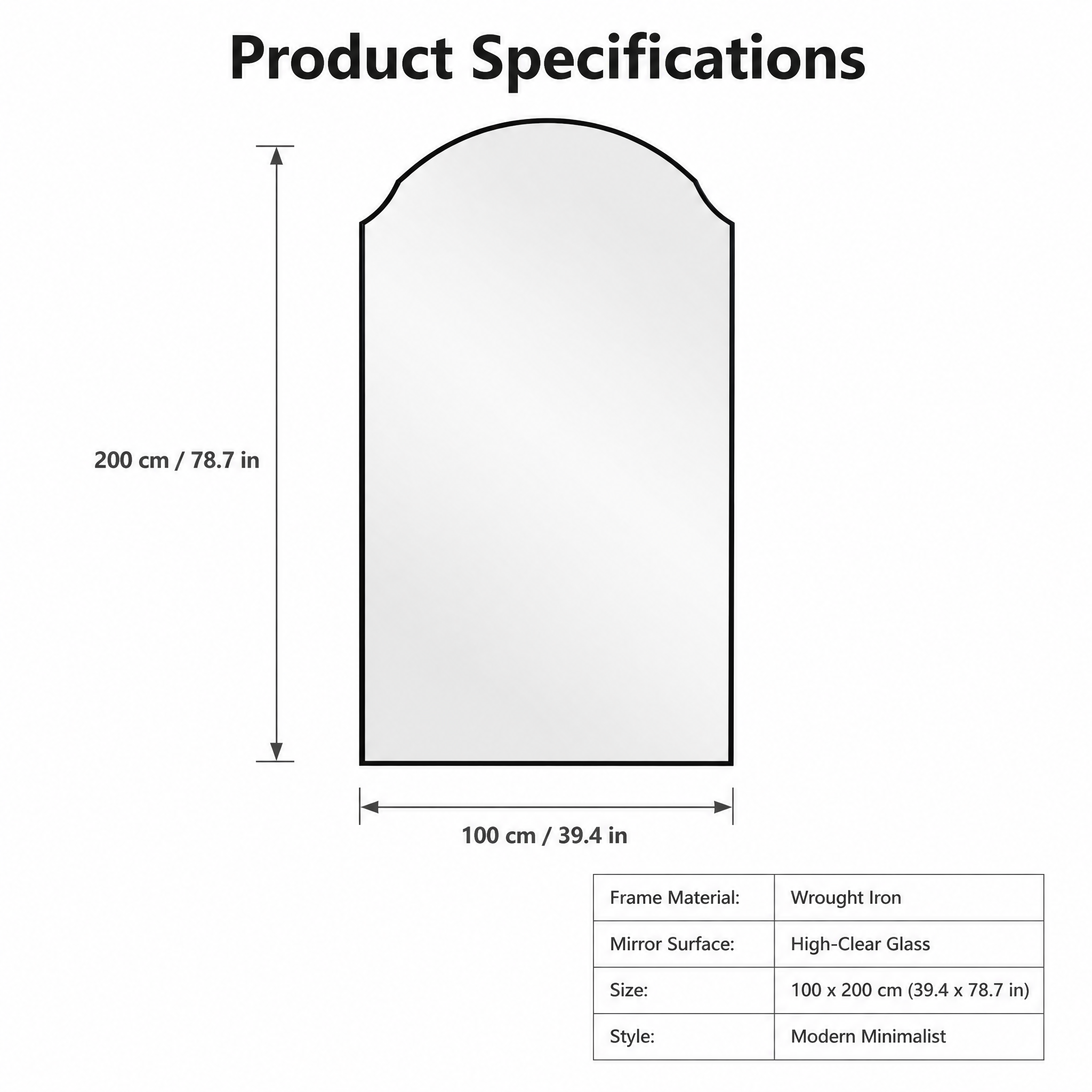 Black Wrought Iron Wave Arch Decorative Wall Mirror | 100cm x 200cm